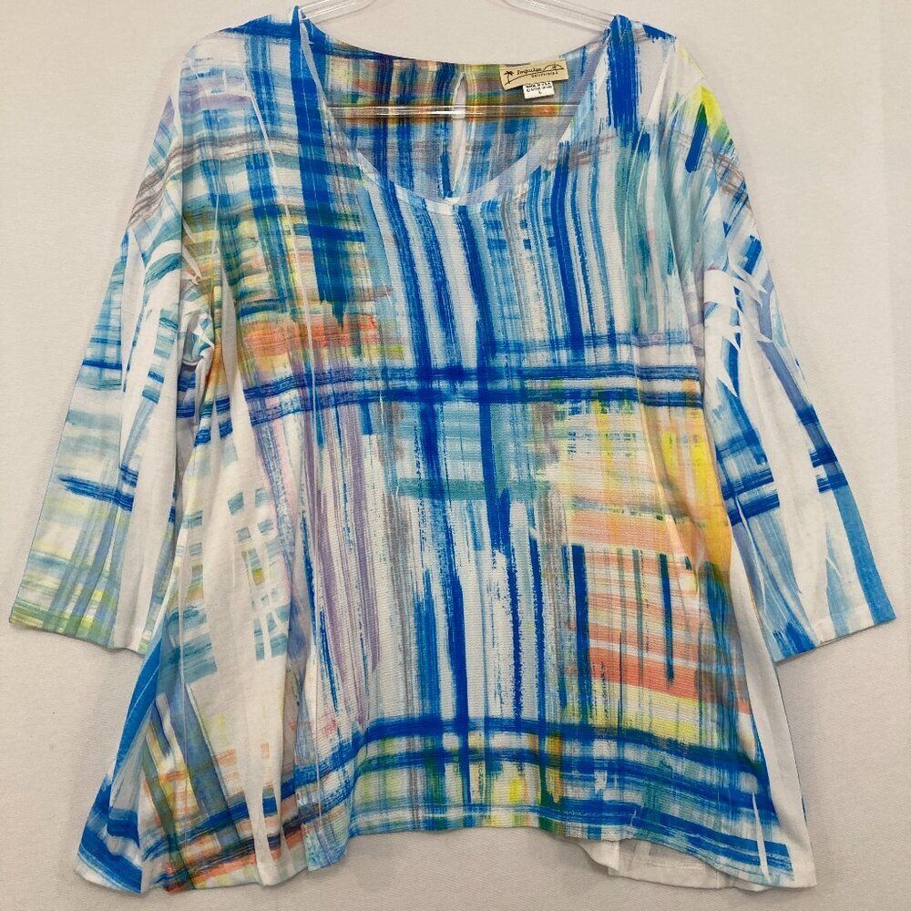 Impulse‎ California Large Blue Multi Abstract Striped Artsy 3/4 Sleeve Blouse